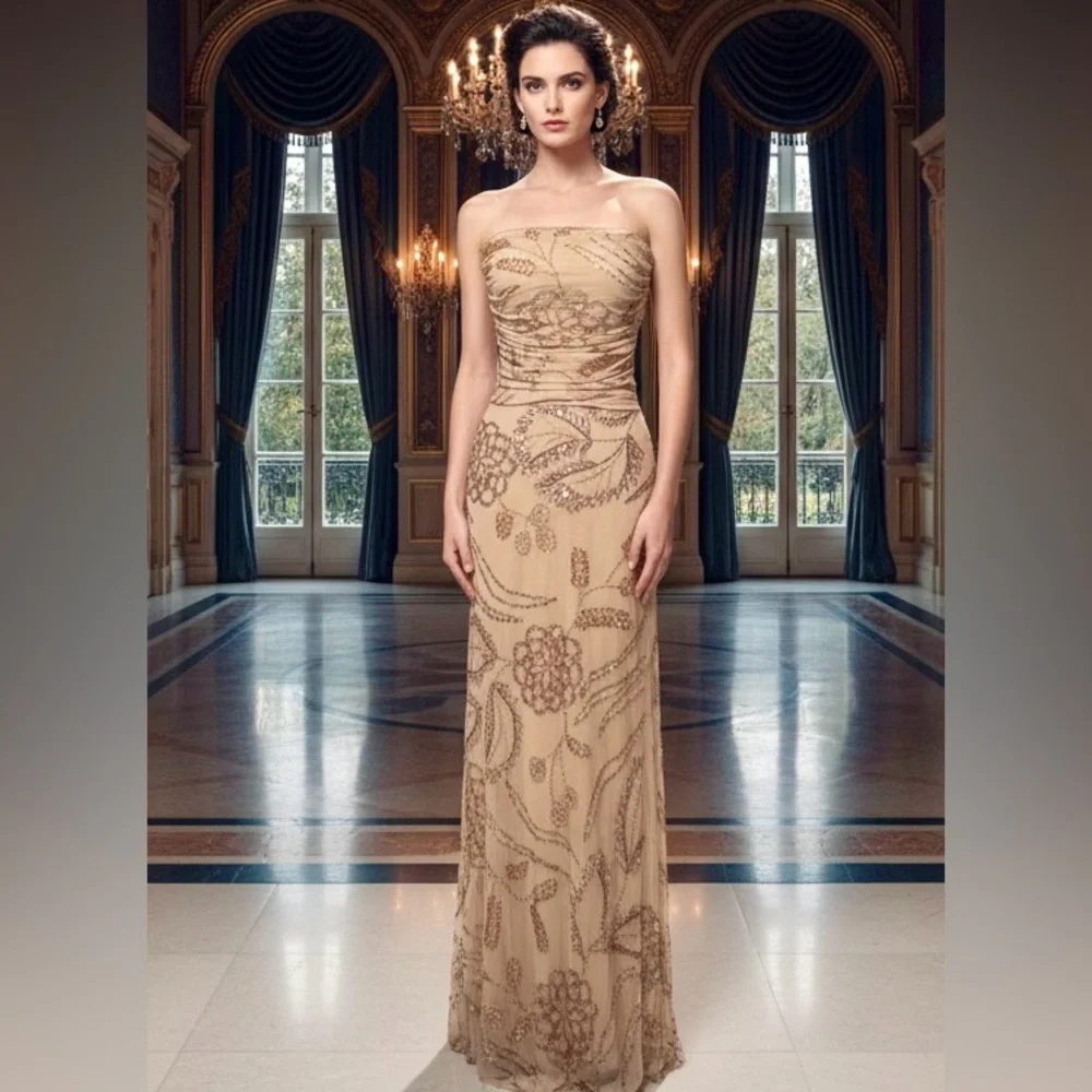 Elegant Strapless‎ hand beaded gold Evening Gown-stretch-Attitudes by Debra NWT
